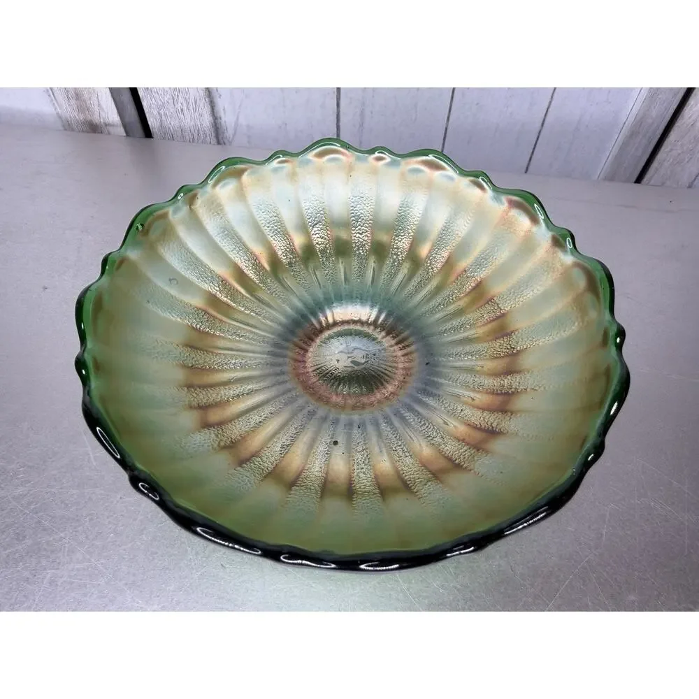 Vintage Fenton Green Carnival Glass Rays SCALLOP EDGE BOWL Trinket Dish